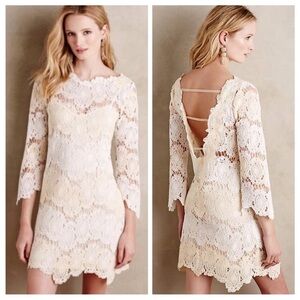 Anthropologie Cream Sheath Dress Long Sleeve Crew Neck